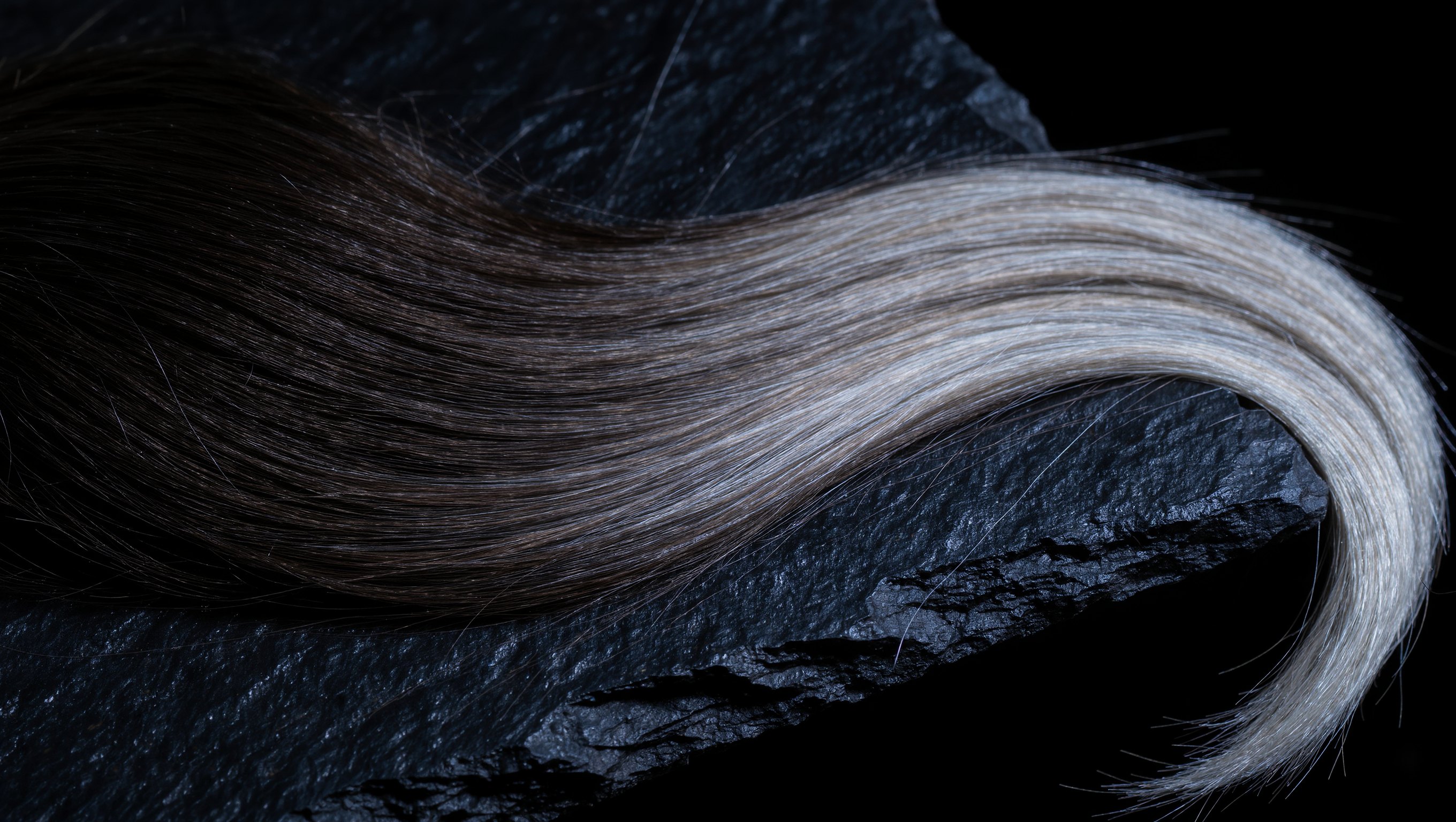 Eine lange glatte Haarstraehne in sanfter S-Kurve, die Farbe verlaeuft von Dunkelbraun zu reinem Silber