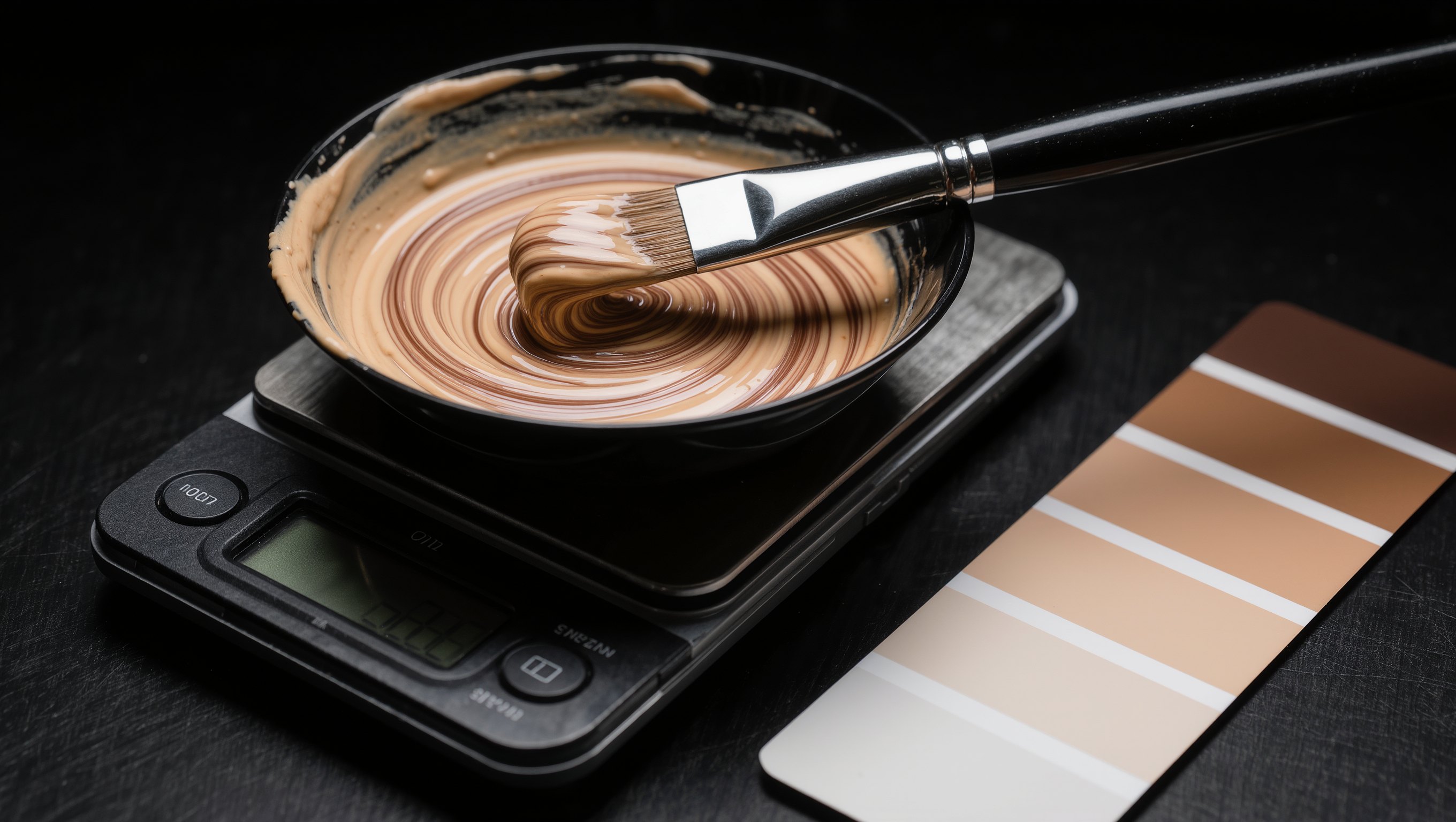 Digitale Waage mit Faerbeschale und Pinsel auf einem Anmischtisch, daneben leere Farbtonkarten