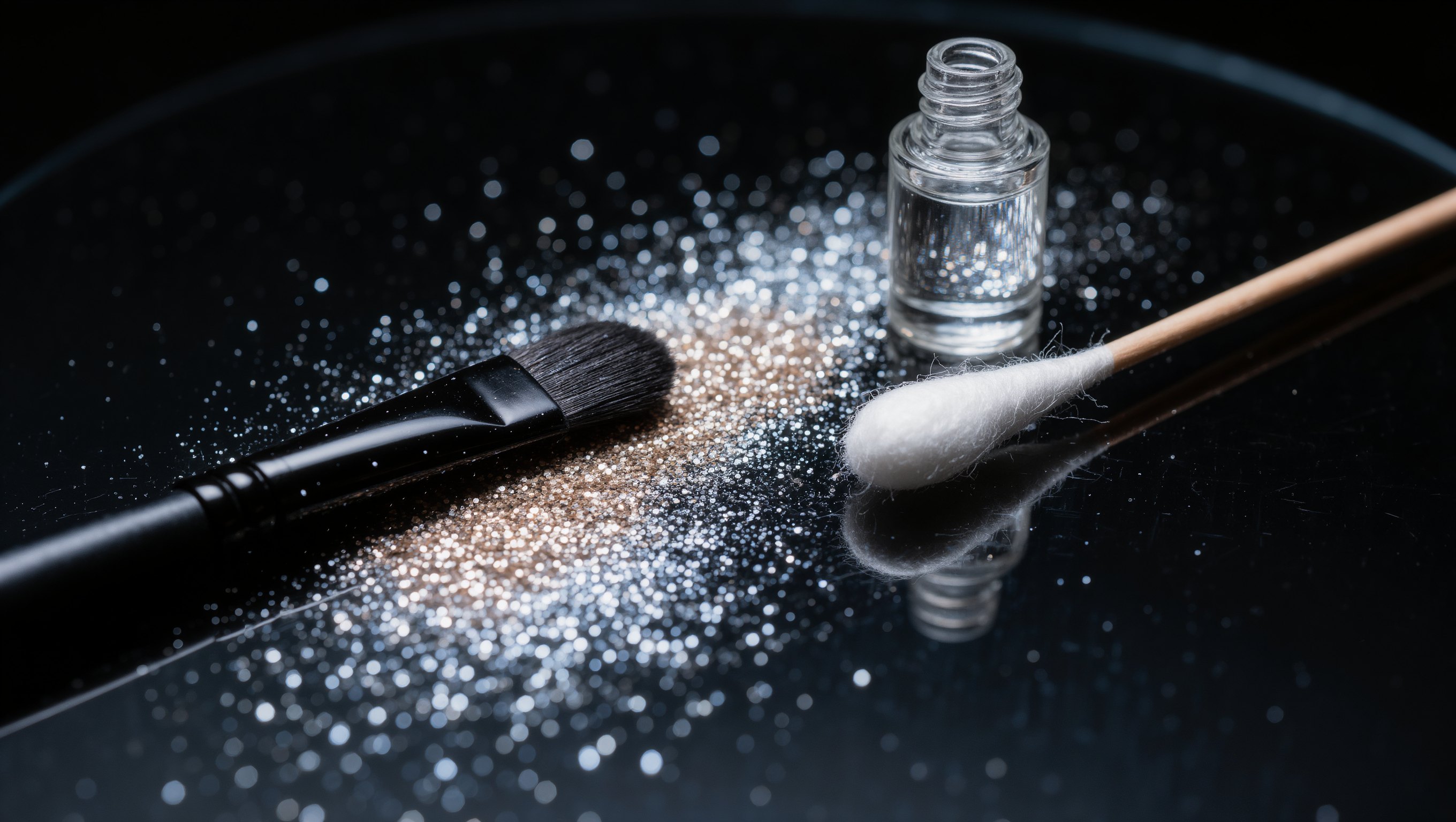 Feiner Kosmetikglitzer auf einer dunklen Palette im Streiflicht, daneben ein flacher Pinsel und ein Wattestaebchen