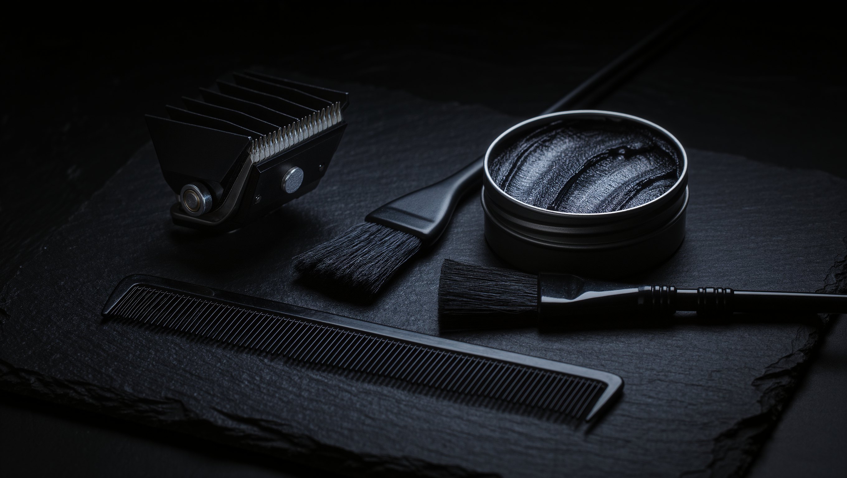 Haarschneidemaschine mit Aufsatzkamm neben Stielkamm, Buerste und offenem Tiegel mattem Stylingprodukt auf dunkler Flaeche