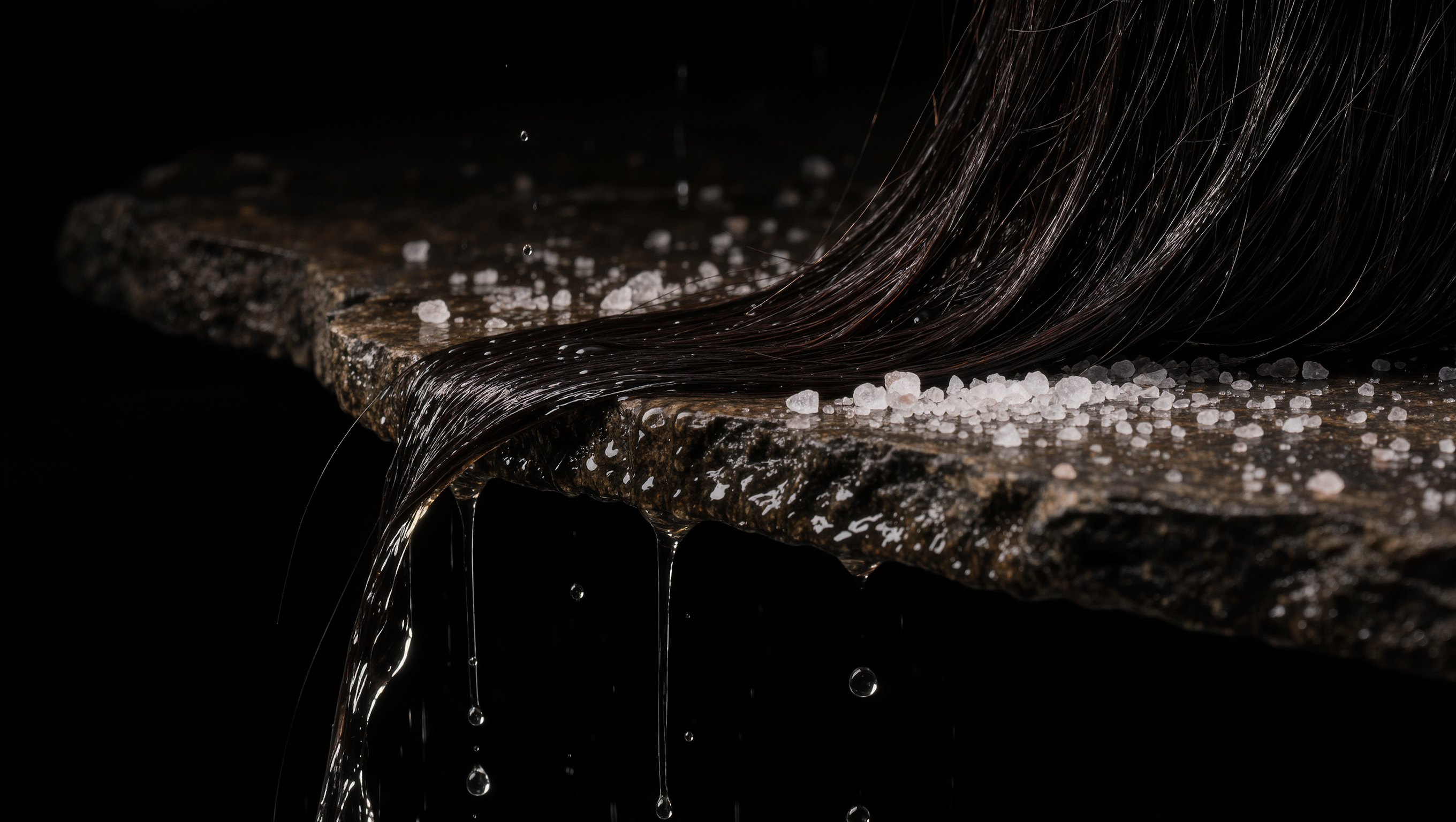 Nasse dunkle Haarsträhne über einer Steinkante, Wassertropfen und grobe Salzkristalle im warmen Licht