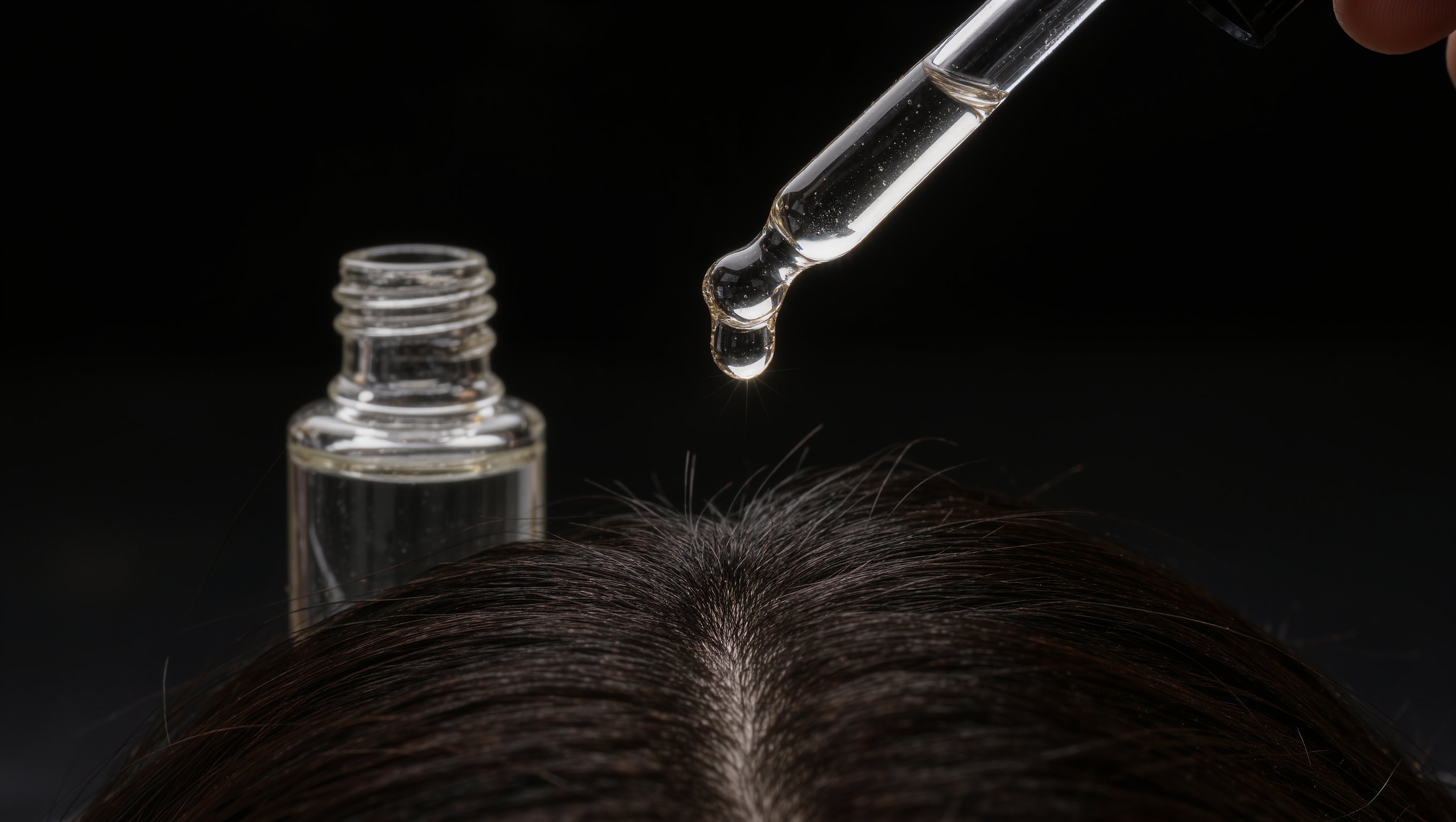 Eine Glaspipette gibt einen klaren Tropfen ueber einen dunklen Haarscheitel, dahinter eine kleine Flasche