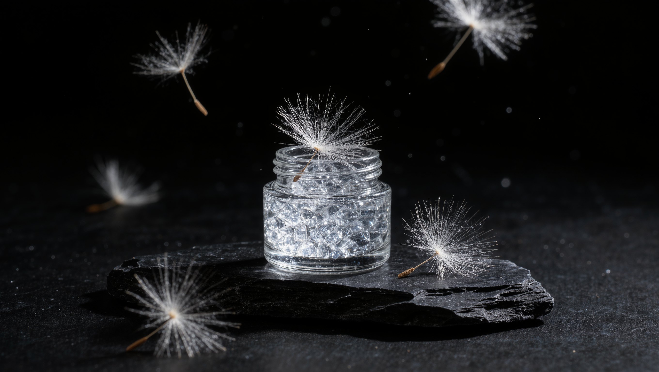 Weisse feine Samenhaare schweben vor dunklem Grund, daneben ein kleines Glastiegelchen mit klarem Gel