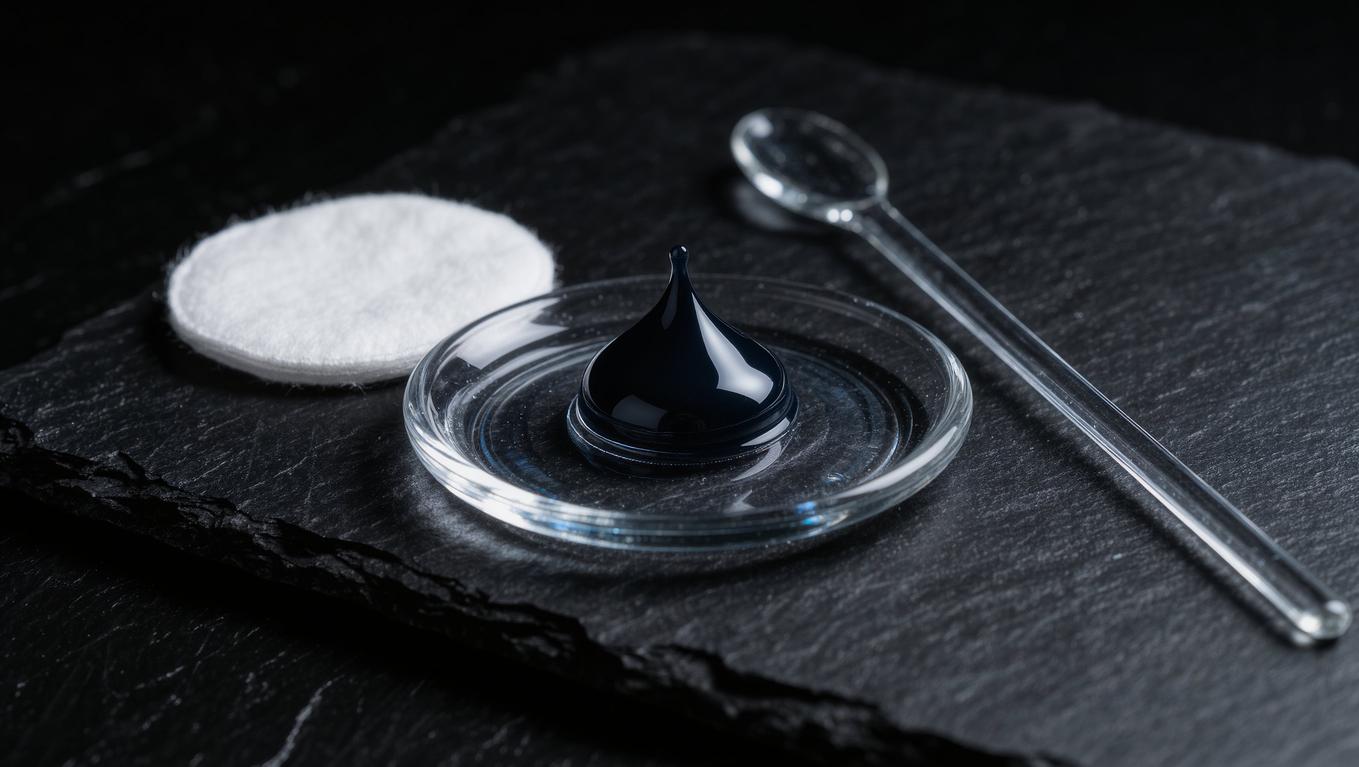Ein Tropfen dunkler Creme auf einer kleinen runden Glasplatte, daneben ein Wattepad und ein Glasstab auf schwarzem Stein